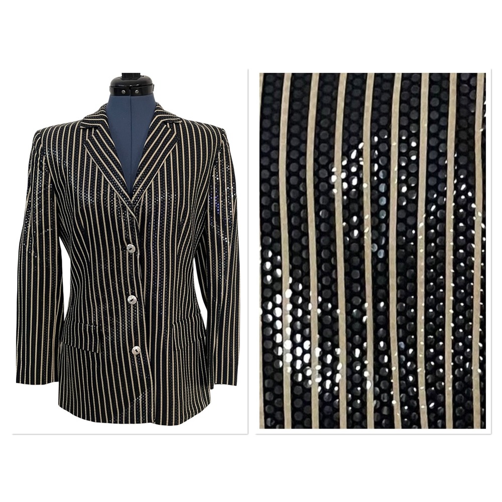 Vtg Valentino Miss V Black Tan Sequin Stripe Blazer Jacket Beetlejuice Glam 8 42